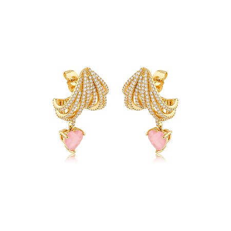 Brinco de argola coração cravejado de zircônia cristal e pedra fusion rodonita banho em ouro 18k