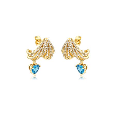 Brinco de argola coração cravejado de zircônia cristal e pedra fusion topázio banho em ouro 18k