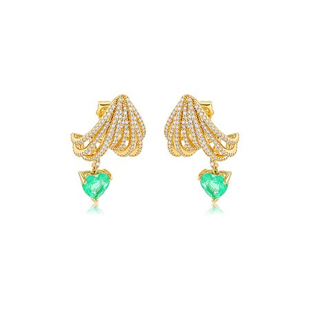Brinco de argola coração cravejado de zircônia cristal e pedra fusion turmalina banho em ouro 18k