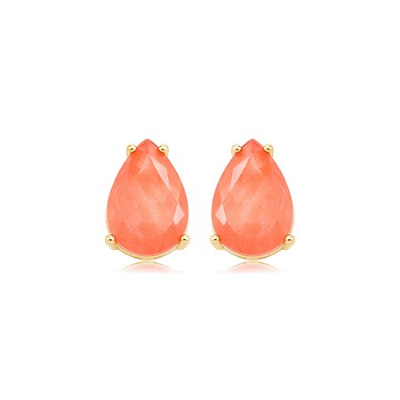 Brinco gota com pedra fusion coral banho em ouro 18k