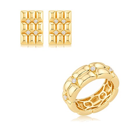 Conjunto de brinco e anel liso com detalhes em zircônia cristal banho em ouro 18k