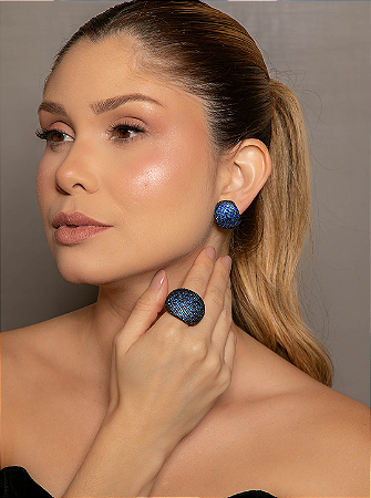 Conjunto luxo de brinco e anel cravejado de zircônia safira banho em ouro 18k