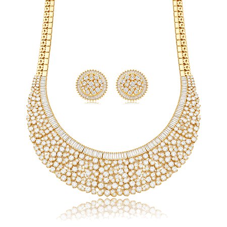 Conjunto luxo de brinco e colar cravejado de zircônia cristal banho em ouro 18k