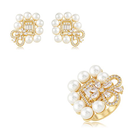 Conjunto de brinco e anel cravejado de zircônia cristal com pérola shell banho em ouro 18k
