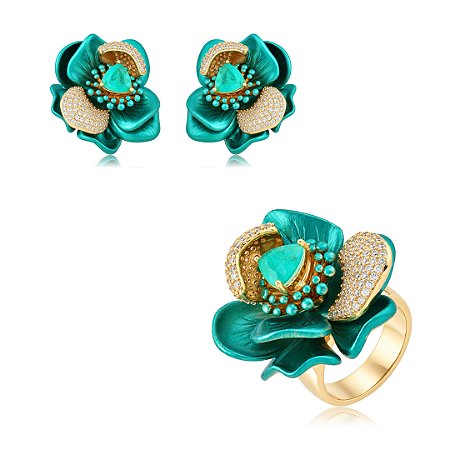 Conjunto Brinco e Anel Fusion Esmaltado com Zircônias Banho em Ouro 18K