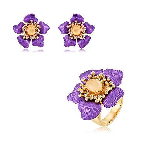 Conjunto Brinco e Anel Fusion Esmaltado com Zircônia Banho em Ouro 18K