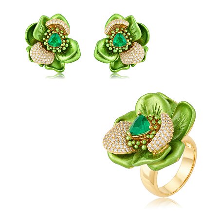 Conjunto Brinco e Anel Fusion Esmaltado com Zircônias Banho em Ouro 18K