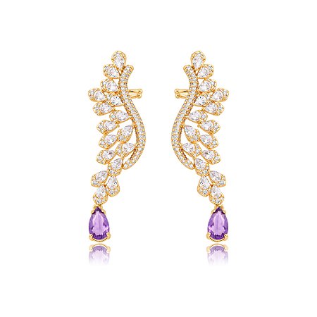 Brinco Ear Cuff cravejado de Zircônia cristal e pedra Fusion ametista Banho em Ouro 18K