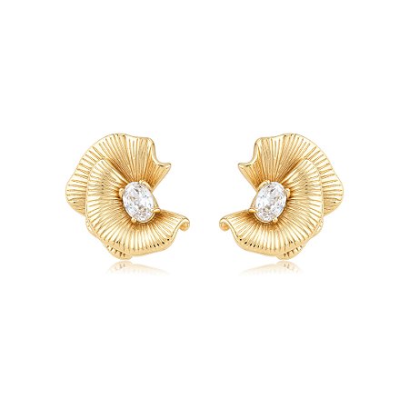 Brinco de Flor Texturizado com detalhe em zircônia cristal Banho em Ouro 18K