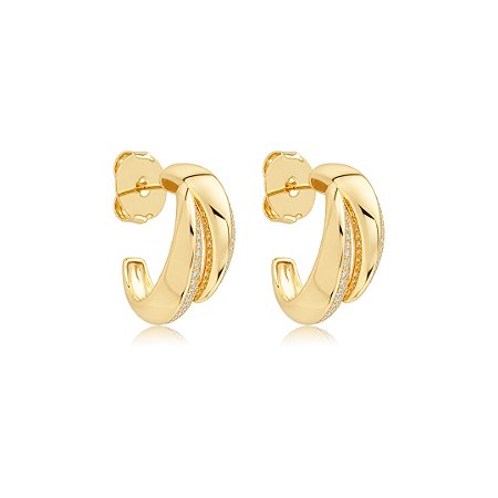 Brinco de Argola com Detalhe Duplo Cravejado Banho em Ouro 18K