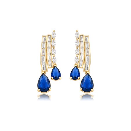 Brinco cravejado em zircônia cristal com detalhe em zircônia safira Banho em ouro 18k