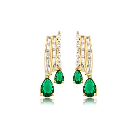 Brinco cravejado em zircônia cristal com detalhe em zircônia esmeralda Banho em ouro 18k