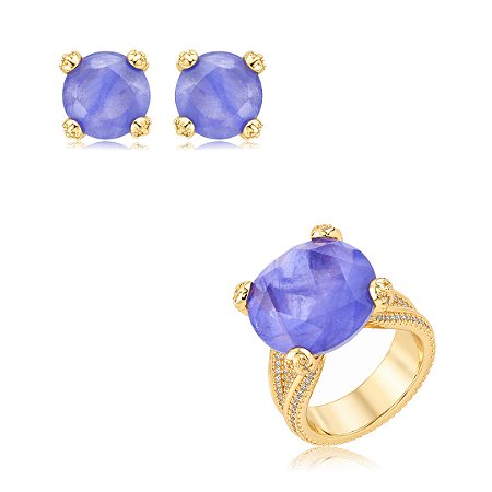 Conjunto de brinco e anel com zircônia cristal e pedra fusion ametista banho em ouro 18k