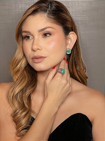 Conjunto luxo de brinco e anel com zircônia colorida e pedra fusion turmalina banho em ouro 18k