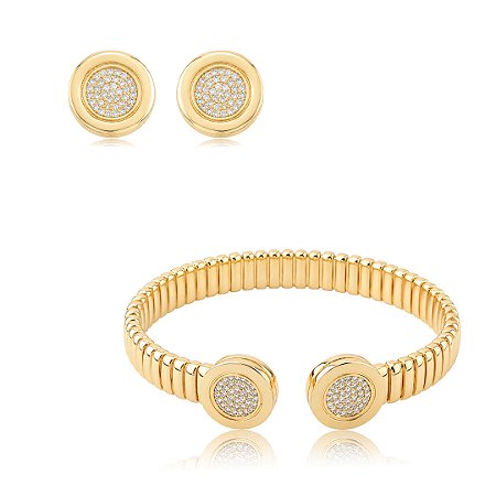 Conjunto de Brinco e Bracelete texturizado com detalhe cravejado Banho em Ouro 18K