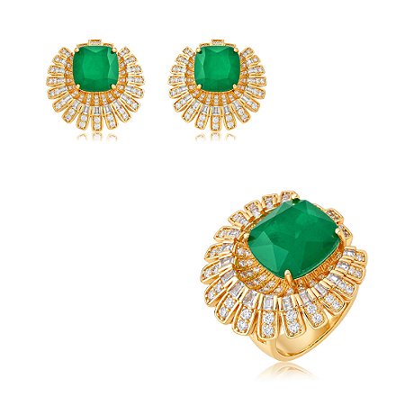 Conjunto de brinco e anel com zircônia cristal e pedra fusion esmeralda banho em ouro 18k