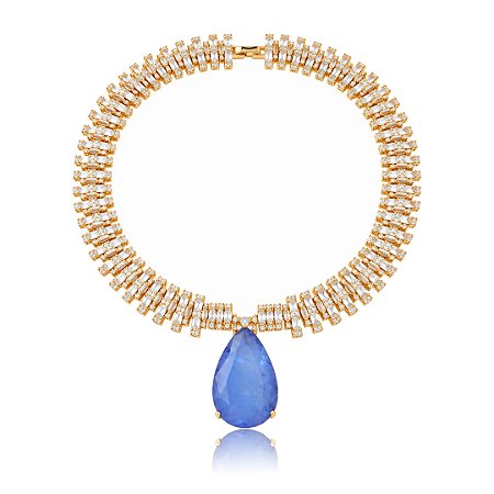 Colar cravejado de zircônia e pingente em pedra fusion ametista banho em ouro 18k