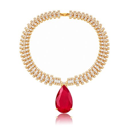Colar Cravejado de zircônia e pingente em pedra Fusion Rubi Banho em Ouro 18K
