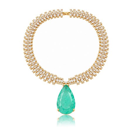 Colar Cravejado de zircônia e pingente em pedra Fusion Turmalina Banho em Ouro 18K