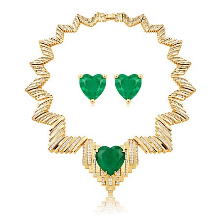 Conjunto de Colar e Brinco Luxo com Pedra Fusion Esmeralda Banho em Ouro 18K