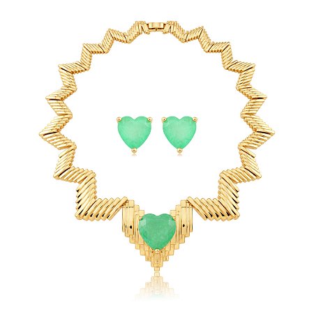Conjunto de Brinco e Colar Luxo com Pedra Fusion Turmalina Banho em Ouro 18K