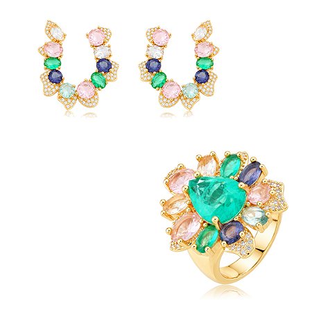 Conjunto de brinco e anel cravejado de zircônia colorida e pedra fusion turmalina banho em ouro 18k