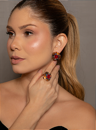 Conjunto de brinco e anel liso com pedra fusion rubi banho em ouro 18k