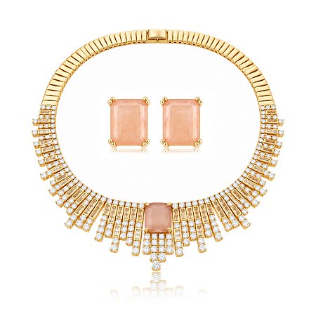 Conjunto de Brinco e Colar Luxo Cravejado com detalhe em Pedra Fusion Banho em Ouro 18K