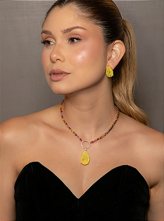 Conjunto de brinco e colar em zircônia colorida com pedra fusion yellow Banho em ouro 18k