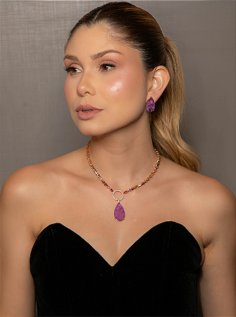 Conjunto de brinco e colar em zircônia colorida com pedra Fusion Ametista Banho em ouro 18k