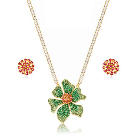 Conjunto de Brinco e Colar Luxo Cravejado em zircônia Esmeralda e Pink Banho em Ouro 18K