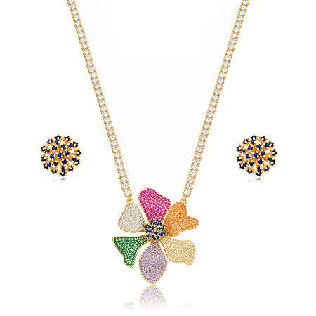 Conjunto de Brinco e Colar Luxo Cravejado em zircônia colorida Banho em Ouro 18K