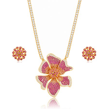 Conjunto de Brinco e Colar Luxo Cravejado em zircônia pink Banho em Ouro 18K