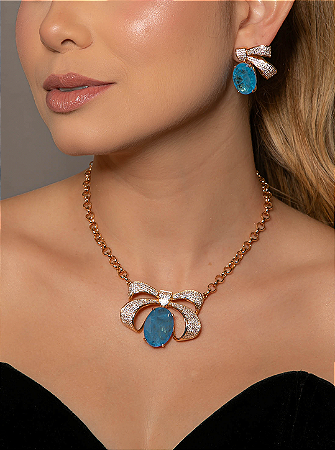 Conjunto Luxo de brinco e colar em zircônia cristal com pedra Fusion topázio Banho em Ouro 18K