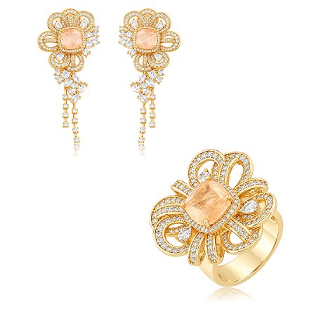 Conjunto Brinco e Anel de Flor cravejado em zircônia com pedra Fusion morganita Banho em Ouro 18K