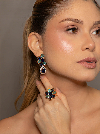 Conjunto de Brinco e Anel flor com Pedras Fusion Safira e Topázio Banho em Ouro 18K