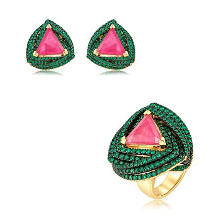Conjunto de brinco e anel em zircônia Esmeralda com pedra Fusion Pink
