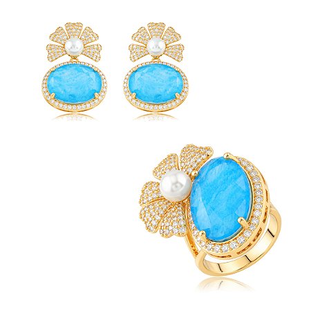Conjunto de Brinco e Anel Flor com Pedra Fusion Topázio e detalhe em Pérola Shell Banho em Ouro 18K