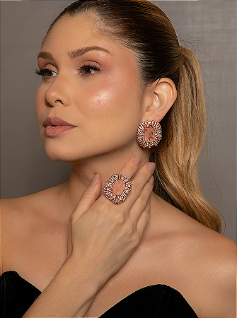 Conjunto de Brinco e Anel em zircônia champanhe com Pedra Fusion Morganita Banho em Ouro 18K
