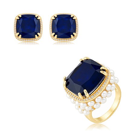 Conjunto de Brinco e Anel com Pedra Fusion Safira e Pérolas Shell Banho em Ouro 18K