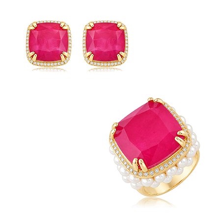 Conjunto de Brinco e Anel com Pedra Fusion Fúcsia e Pérolas Shell Banho em Ouro 18K