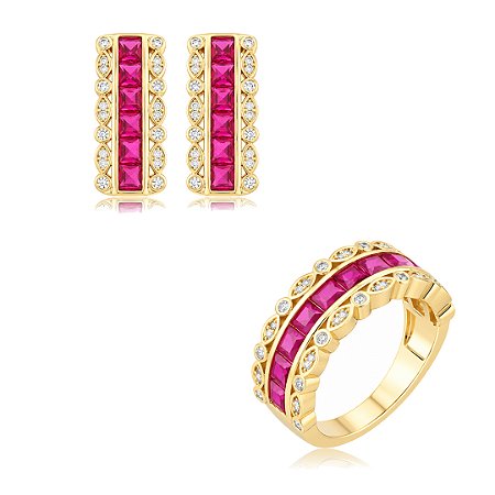 Conjunto de Brinco e Anel cravejado com zircônia Pink Banho em Ouro 18K