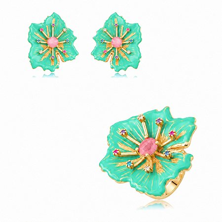 Conjunto de brinco e anel esmaltado com zircônia colorida banho em ouro 18k