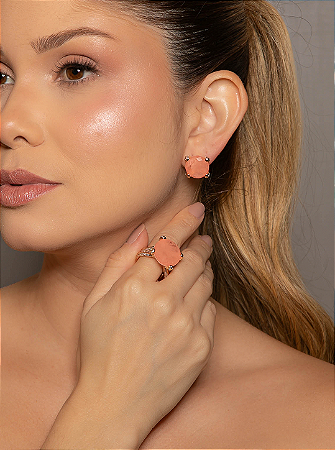 Conjunto de brinco e anel cravejado de zircônia cristal e pedra fusion morganita banho em ouro 18k