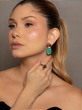 Conjunto de brinco e anel cravejado de zircônia e pedra fusion turmalina banho em ouro 18k