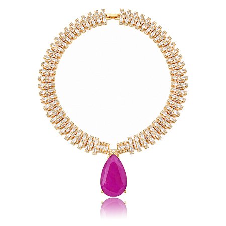 Colar Cravejado de zircônia e pingente em pedra Fusion Fúcsia Banho em Ouro 18K