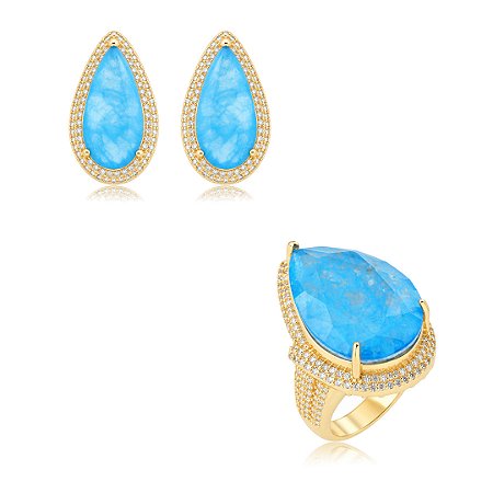 Conjunto de brinco e anel com pedra fusion tópazio e cravejado de zircônia banho em ouro 18k