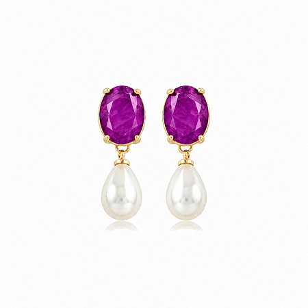Brinco com pedra fusion fúcsia e pérola shell ouro 18k