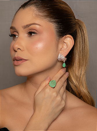 Conjunto de Brinco e Anel Gota com Pedra Fusion turmalina Banho em Ouro 18K