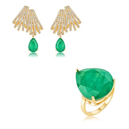 Conjunto de Brinco e Anel Gota com Pedra Fusion Esmeralda Banho em Ouro 18K